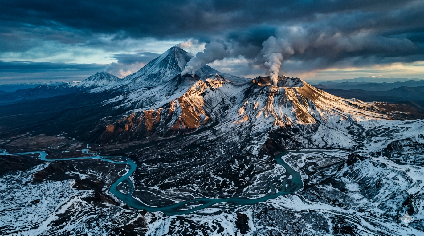 Dramatic aerial view of Kamchatka volcanic landscape with snow-capped peaks and steaming geysers at golden hour