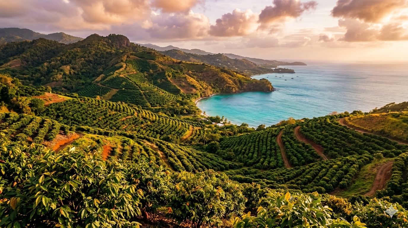 Cinematic aerial view of Grenada's lush spice plantations meeting turquoise Caribbean waters at golden hour, nutmeg and tropical foliage in warm editorial light