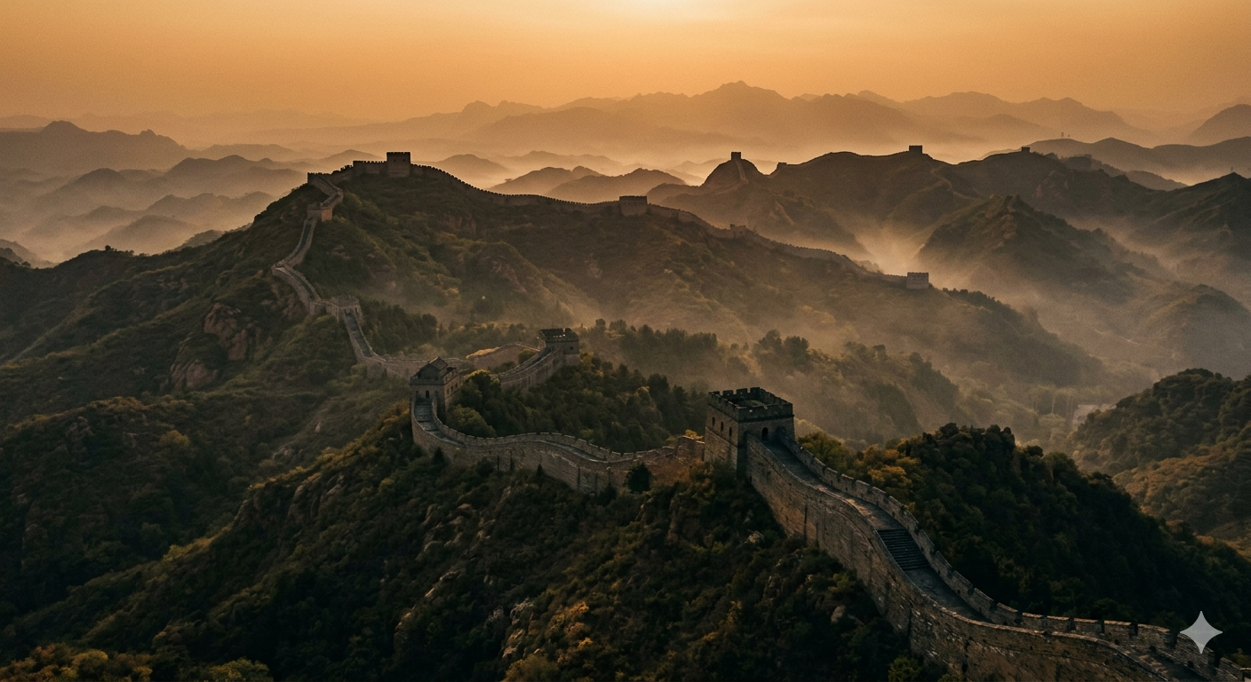 Editorial cinematic aerial view of the Great Wall of China winding through misty mountain ridges at golden hour, ancient stone battlements and watchtowers silhouetted against a warm amber sky