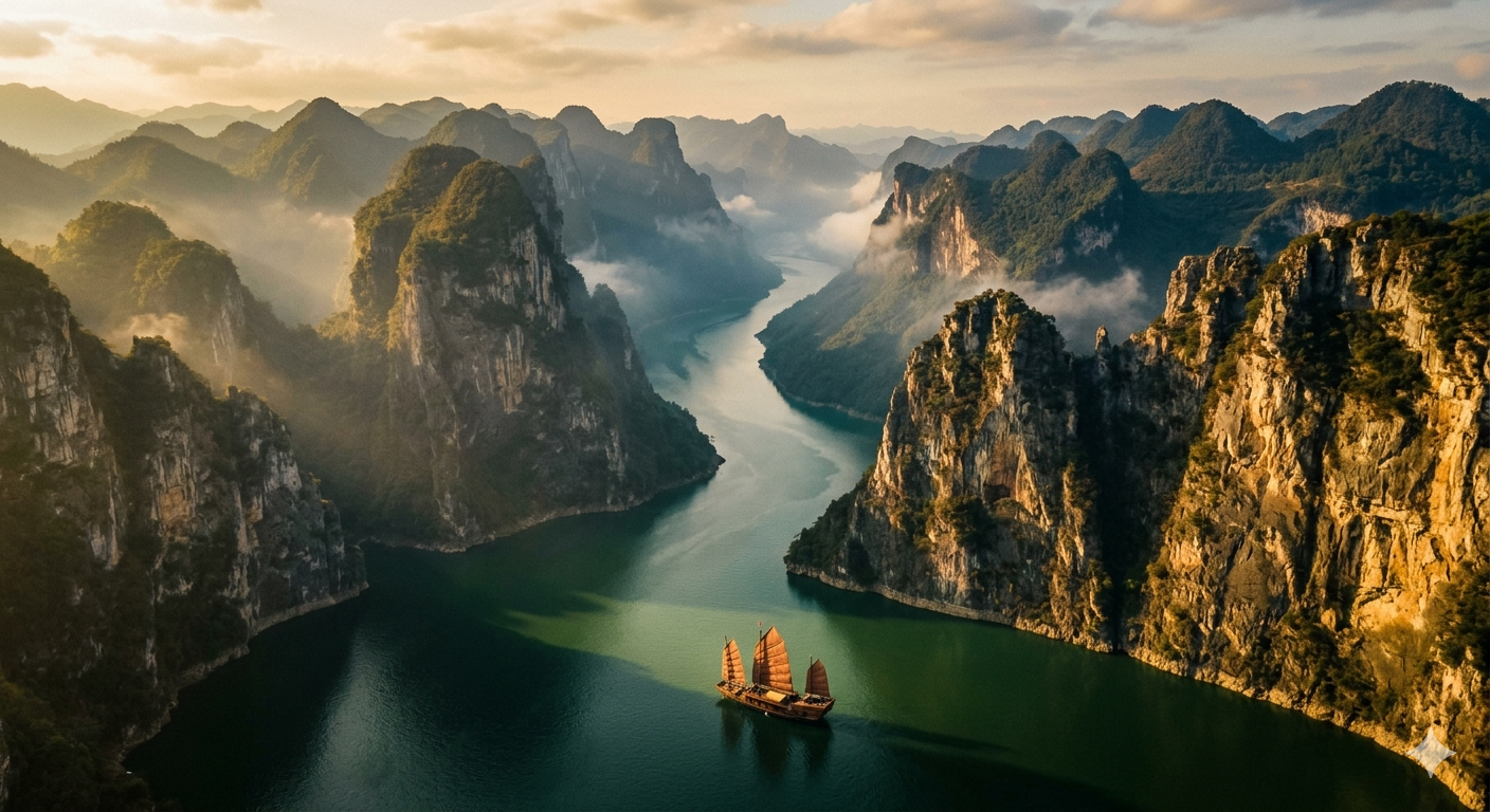 Editorial cinematic aerial view of the Yangtze River flowing through the dramatic Three Gorges with mist-shrouded limestone cliffs and jade-green water at golden hour