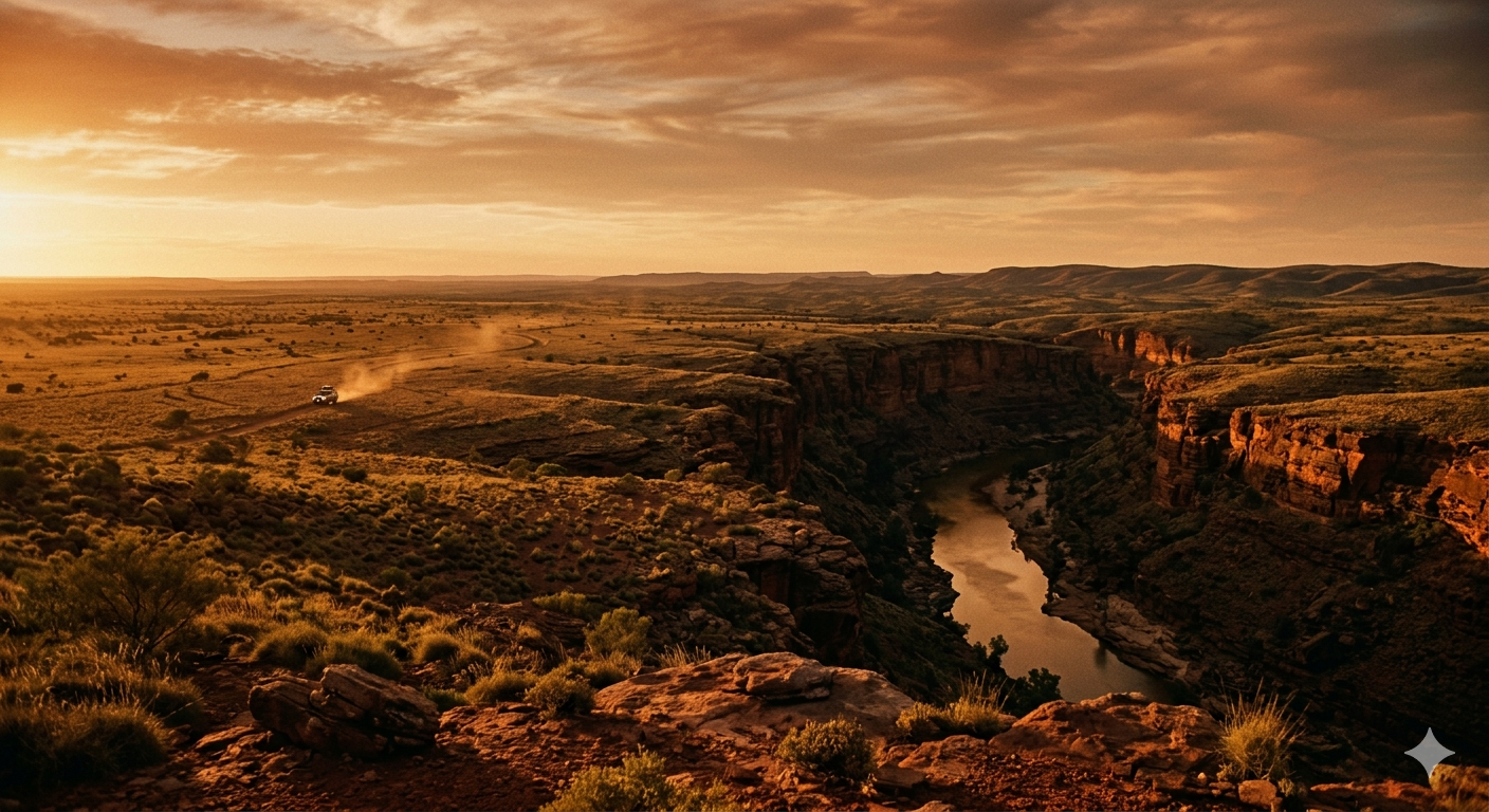 Cinematic aerial view of the Australian outback at golden hour — red-earthed desert stretching to the horizon, ancient river gorges carved through rust-coloured rock walls, warm dramatic light