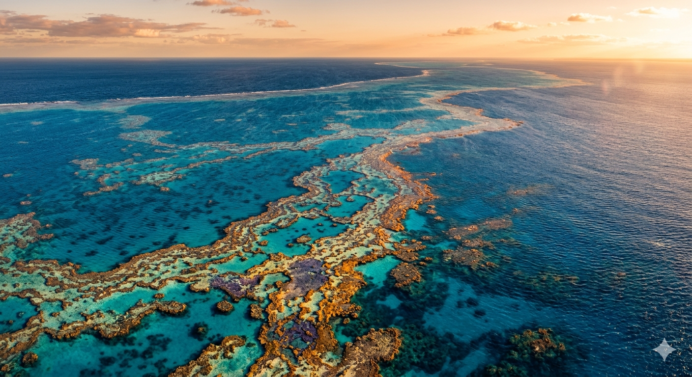 Aerial cinematic view of the Great Barrier Reef at golden hour, vibrant coral formations visible through crystal-clear turquoise water with dramatic sunlight