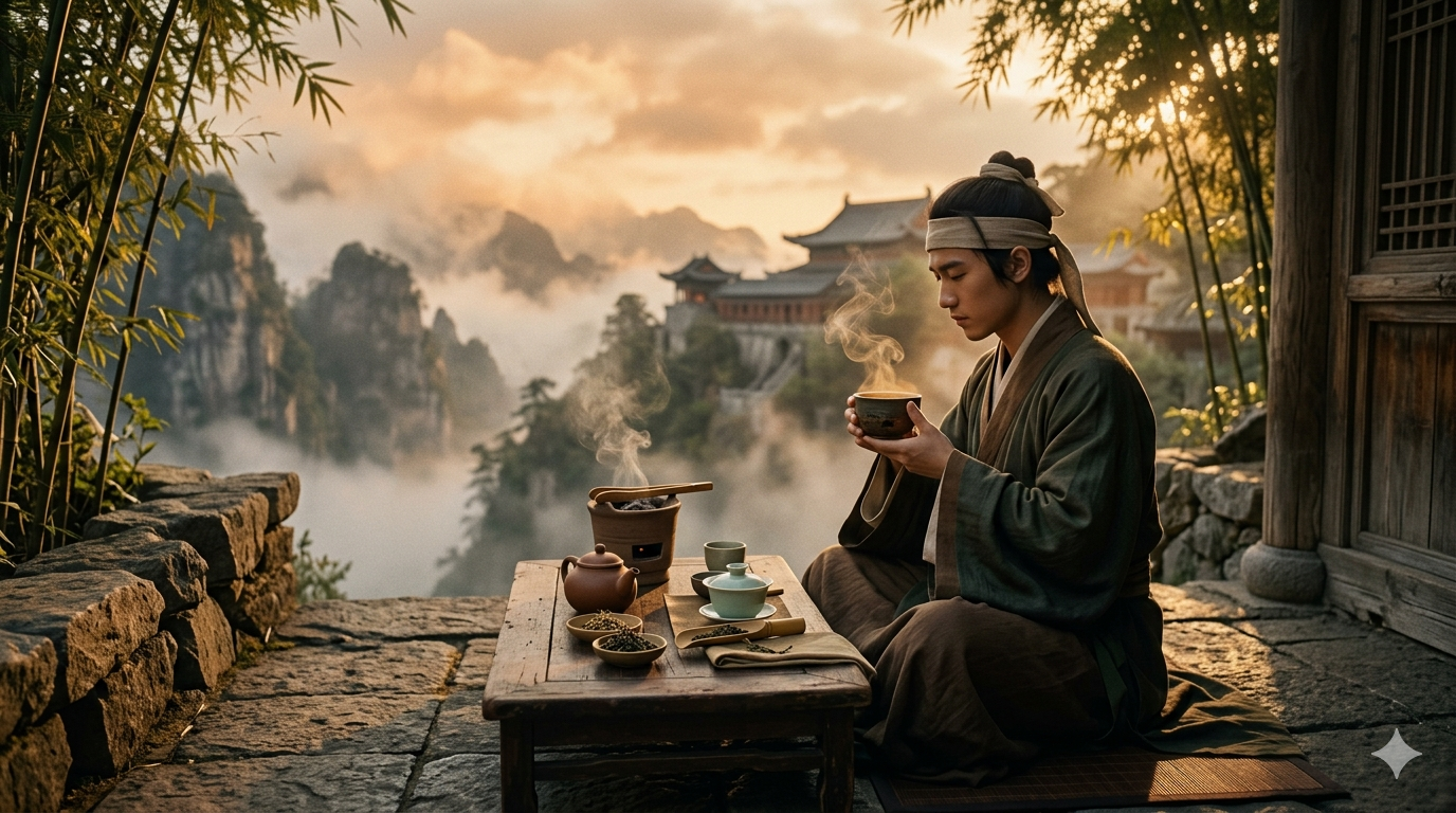 Editorial cinematic scene of an ancient Chinese tea ceremony at golden hour, misty mountains in the background, delicate porcelain teaware on a weathered wooden table