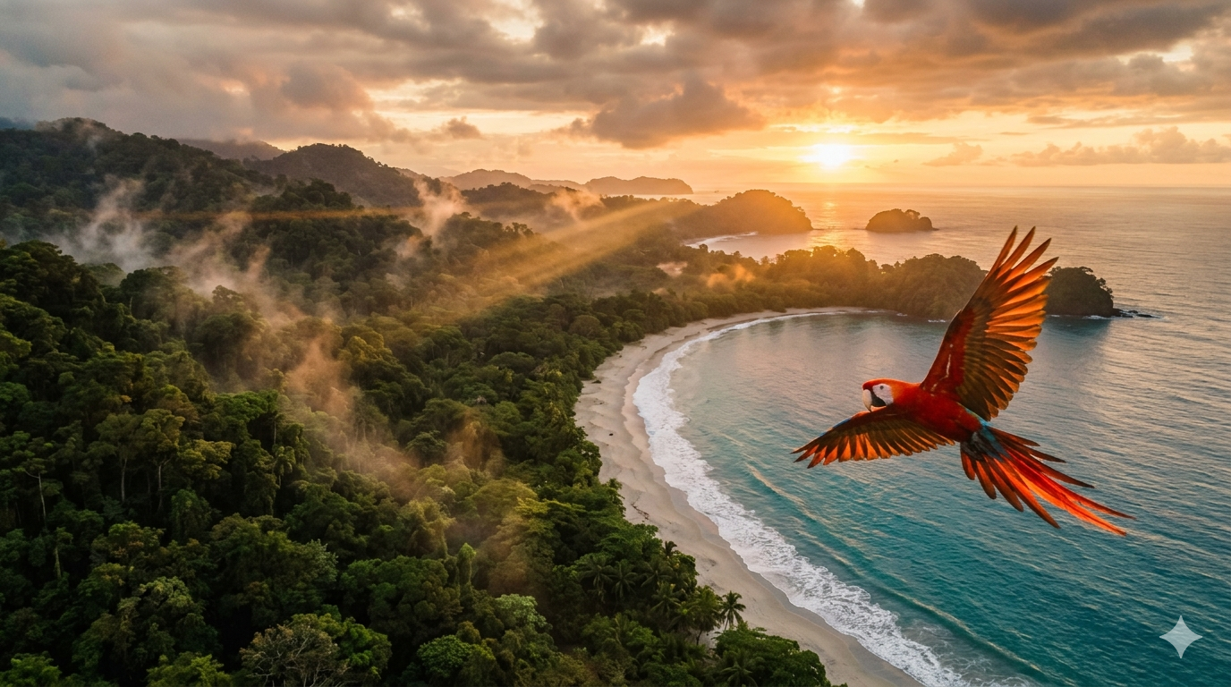 Cinematic aerial view of Costa Rica's lush rainforest canopy meeting a Pacific coastline beach at golden hour, with a scarlet macaw in flight
