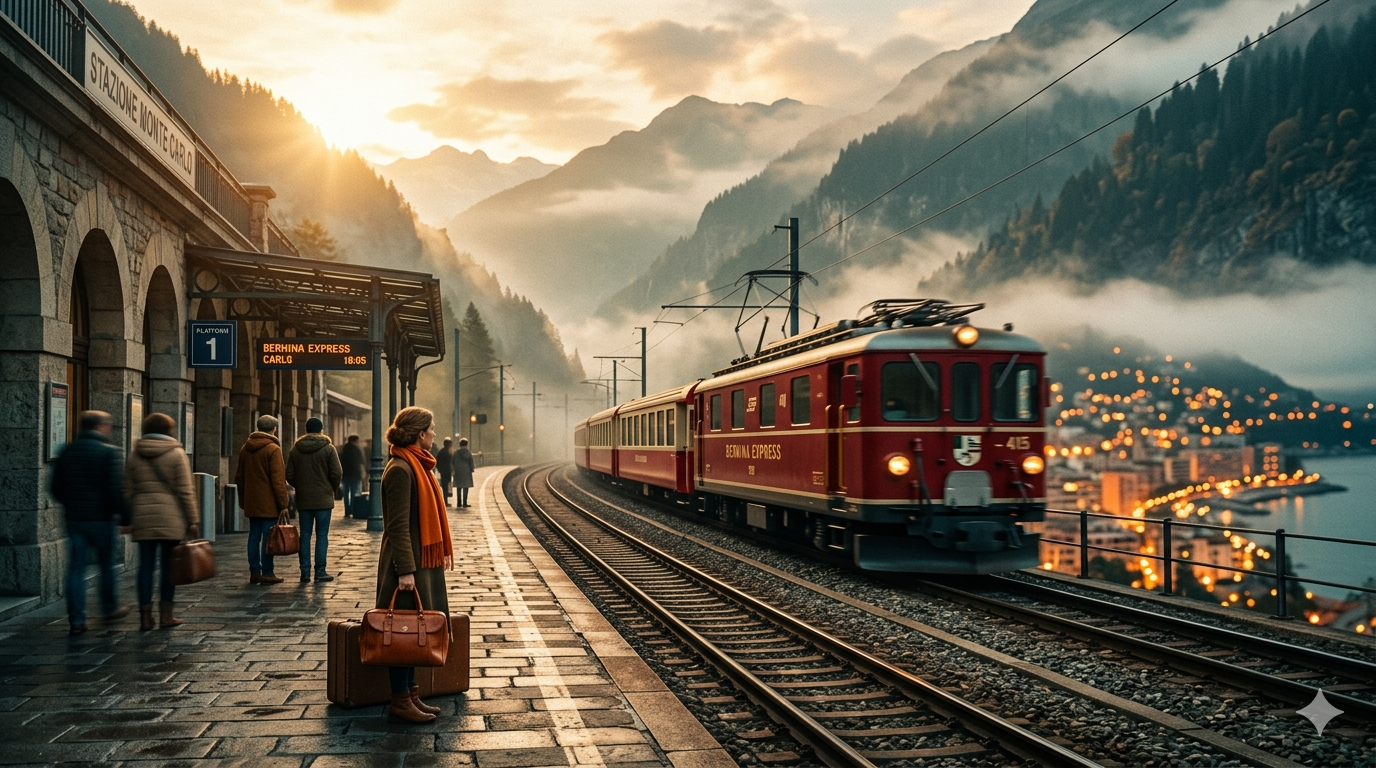 Editorial cinematic panoramic view of European travel destinations — a golden-hour railway platform with a vintage train departing through misty mountains, warm bokeh lights of a Mediterranean coastal town visible in the distance