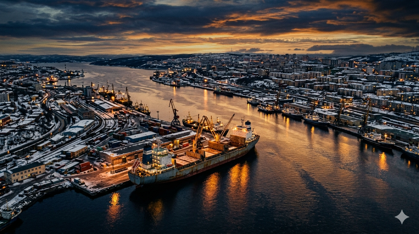 Cinematic aerial view of Murmansk harbour at dusk, Soviet-era buildings lining the Kola Bay with dramatic Arctic sky and warm golden light reflecting on the dark water