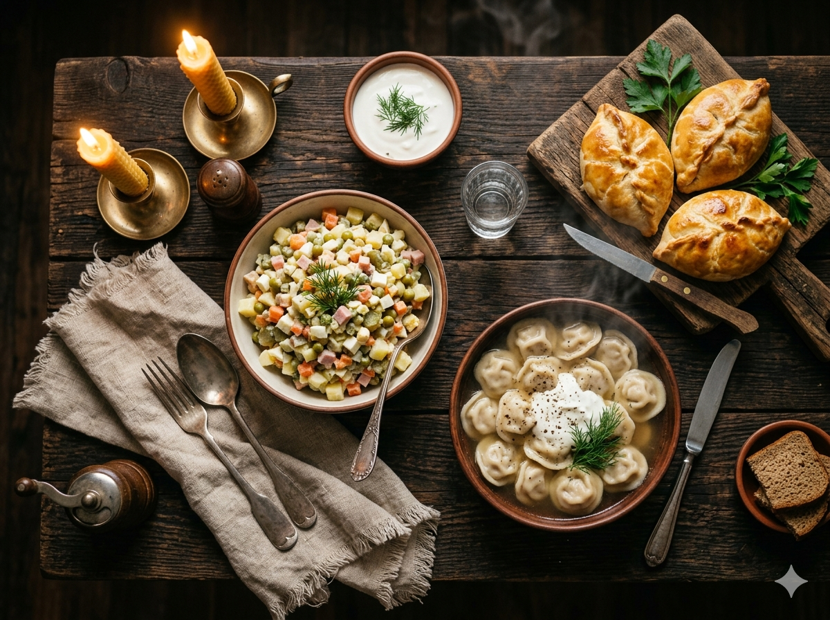 Editorial cinematic overhead shot of an elegant spread of traditional Russian dishes including Olivier salad, pirogi and dumplings on a rustic wooden table with warm candlelight