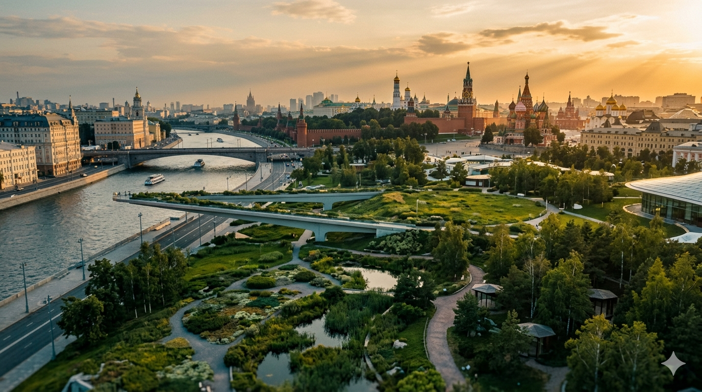 Cinematic aerial view of Zaryadye Park in Moscow at golden hour, with the floating bridge over the Moskva River, green landscape zones and the Kremlin in the background