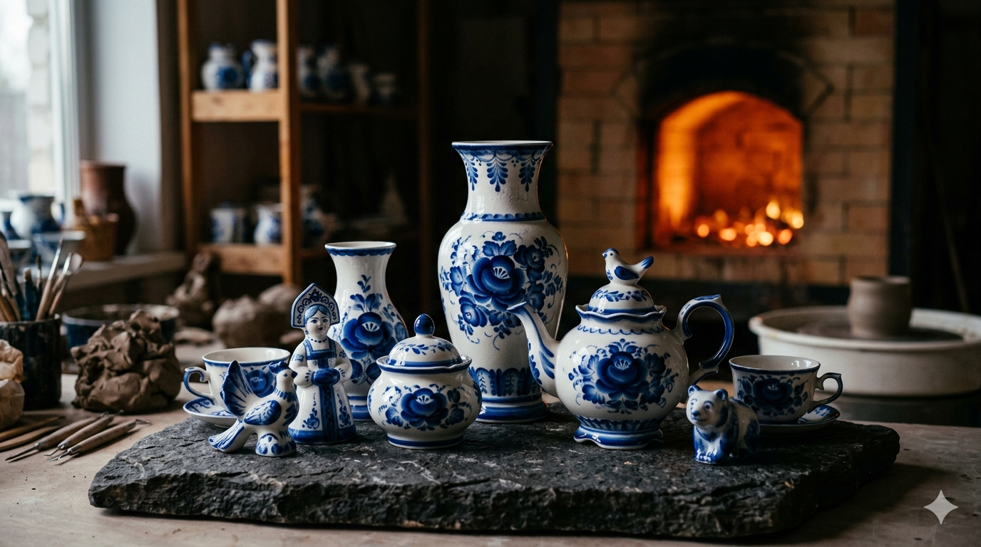 Editorial cinematic shot of traditional Russian Gzhel blue-and-white ceramic vases and figurines arranged on a dark surface, kiln fire glowing in the background
