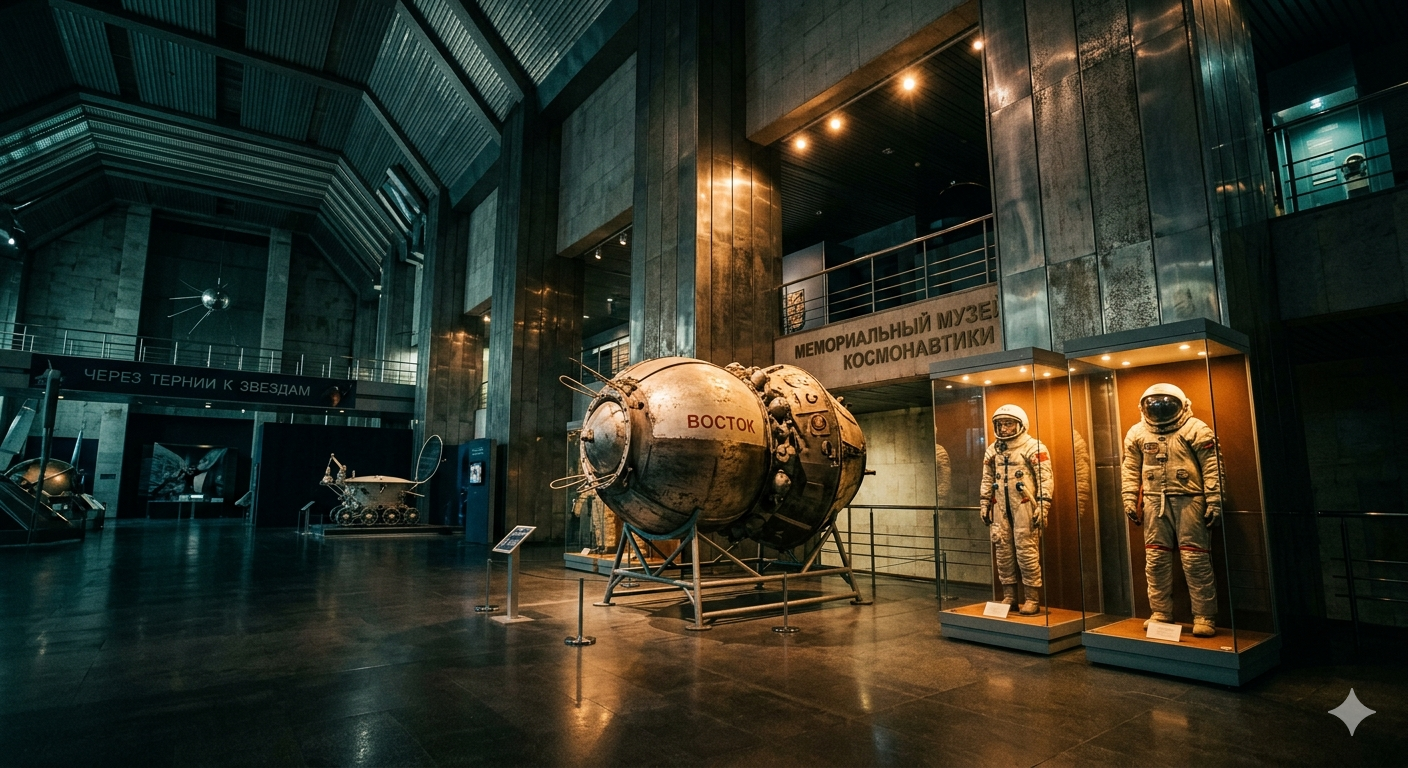 Interior of the Museum of Cosmonautics in Moscow — grand exhibition hall with Soviet-era spacecraft, space suits and titanium-toned architecture under dramatic cinematic lighting