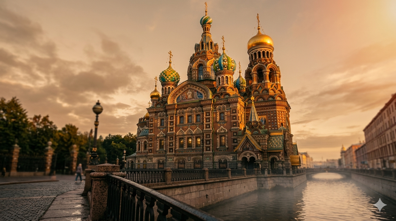 The Church of the Savior on Spilled Blood in St. Petersburg at golden hour — colourful onion domes and ornate mosaic facade reflected in canal waters, cinematic editorial photography