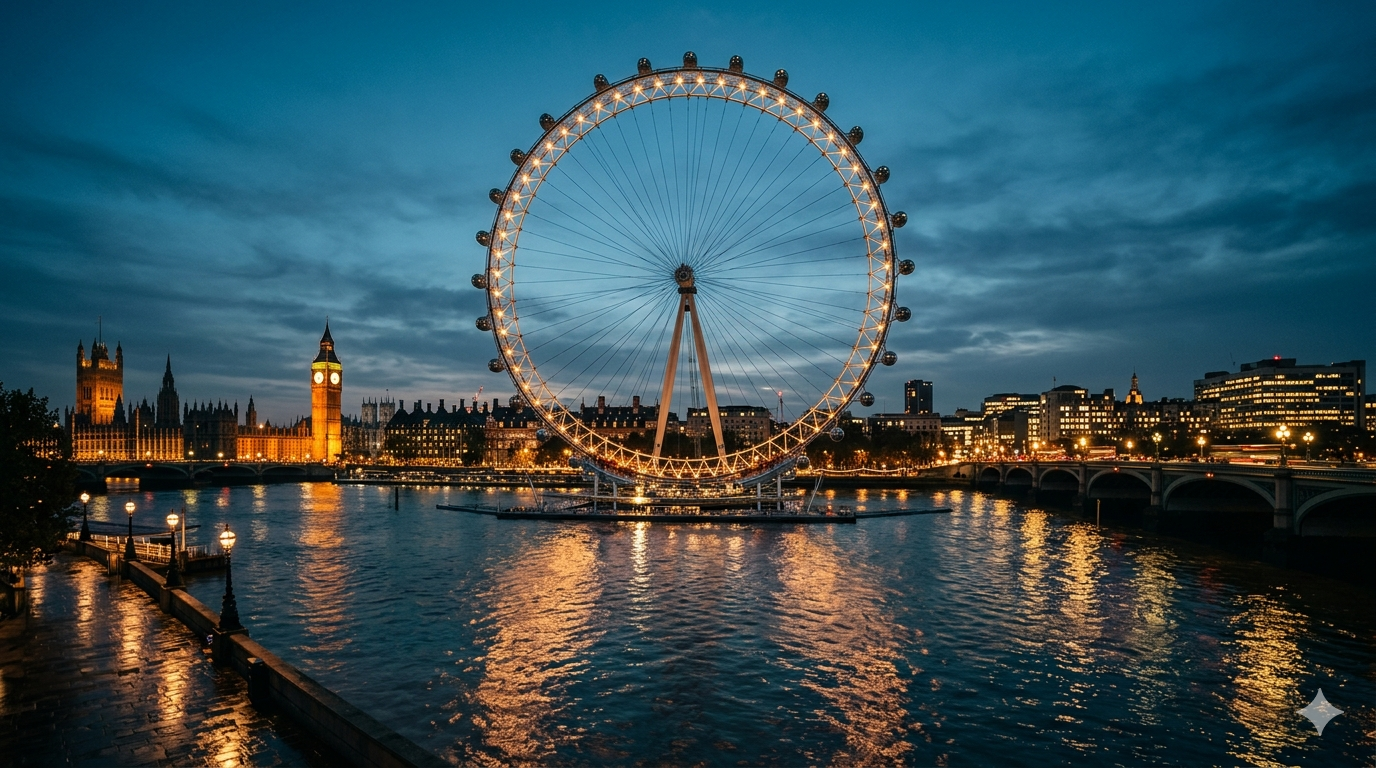 Editorial cinematic view of the London Eye observation wheel at dusk, capsules glowing against a dramatic Thames riverside skyline with golden and blue hour light