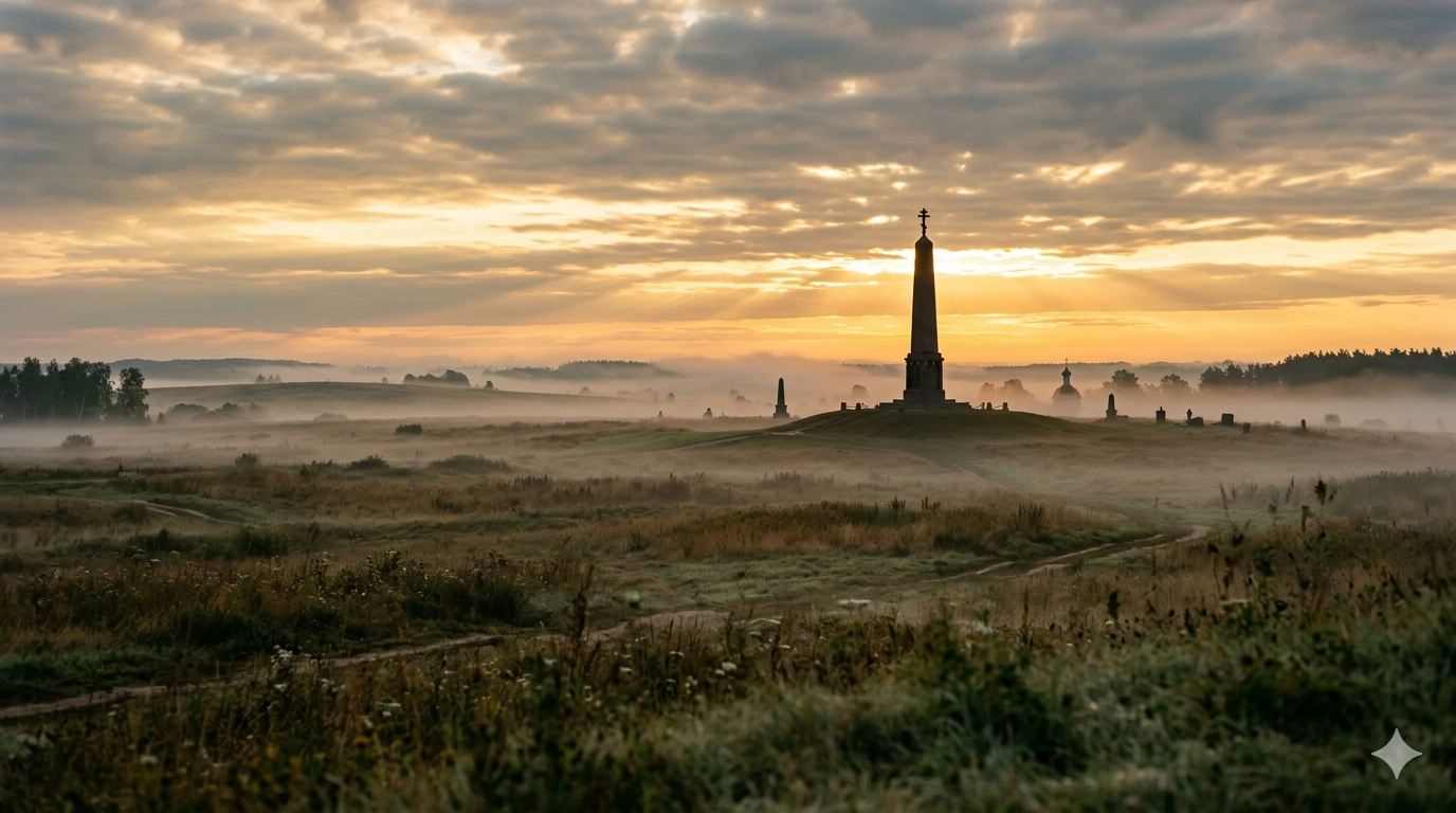 Editorial cinematic view of the Borodino Field at dawn — vast misty plains, the central obelisk monument silhouetted against a dramatic golden sky, evoking the memory of the 1812 battle