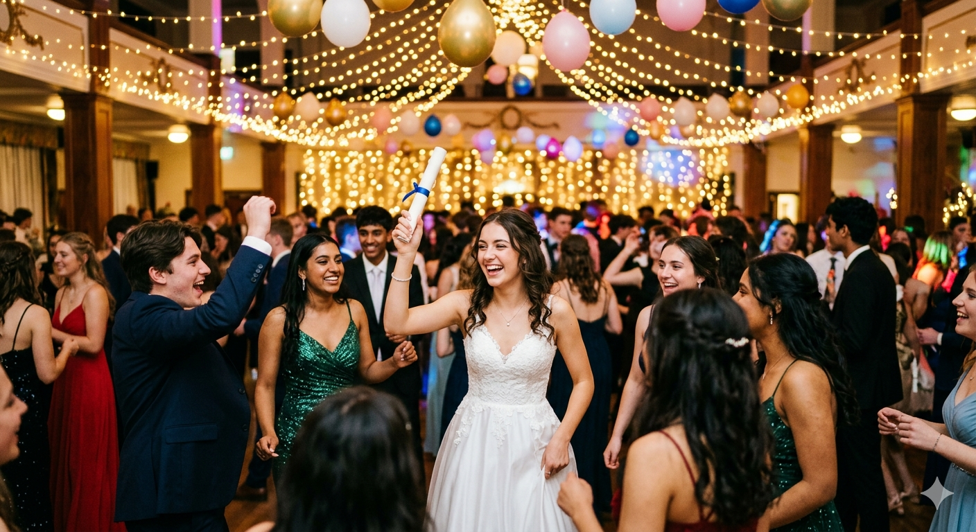 High school students celebrate graduation at an elegant end-of-year dance party in a decorated school hall, colourful balloons and fairy lights overhead, students in formal attire laughing and dancing, soft warm bokeh background, editorial cinematic 35mm film photography, golden hour tones