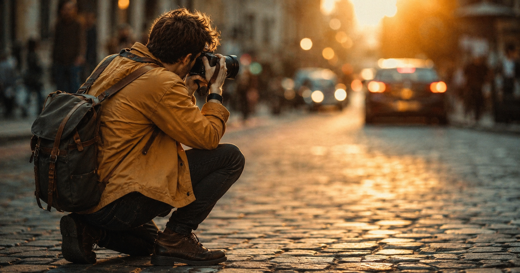 A teenage photographer kneels in golden hour light, camera raised to eye, shooting an urban street scene with warm bokeh in the background, film grain texture, shallow depth of field, editorial cinematic 35mm photography, rich amber and teal tones, journalistic mood