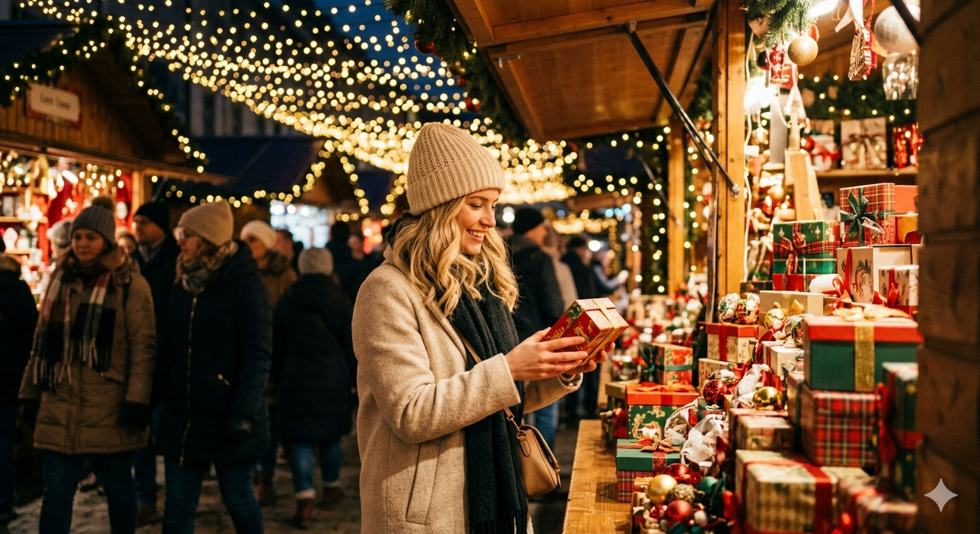 A teenage girl browses a festively decorated Christmas market, colourful gift boxes and wrapped presents stacked on wooden stalls, warm fairy lights glowing overhead, shoppers in winter coats in the background, shallow depth of field, editorial cinematic 35mm film photography, warm golden tones