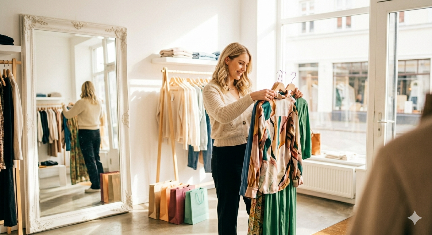 A teenage student browses a bright clothing boutique, holding colourful garments on hangers against a sunlit white interior, shopping bags on the floor, editorial cinematic 35mm film photography, warm natural tones, shallow depth of field