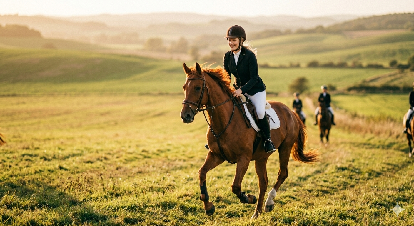 A teenage rider on a chestnut horse cantering through a sunlit countryside field, golden hour light, riding helmet and jacket, green rolling hills in the background, shallow depth of field, editorial cinematic 35mm film photography, warm natural tones