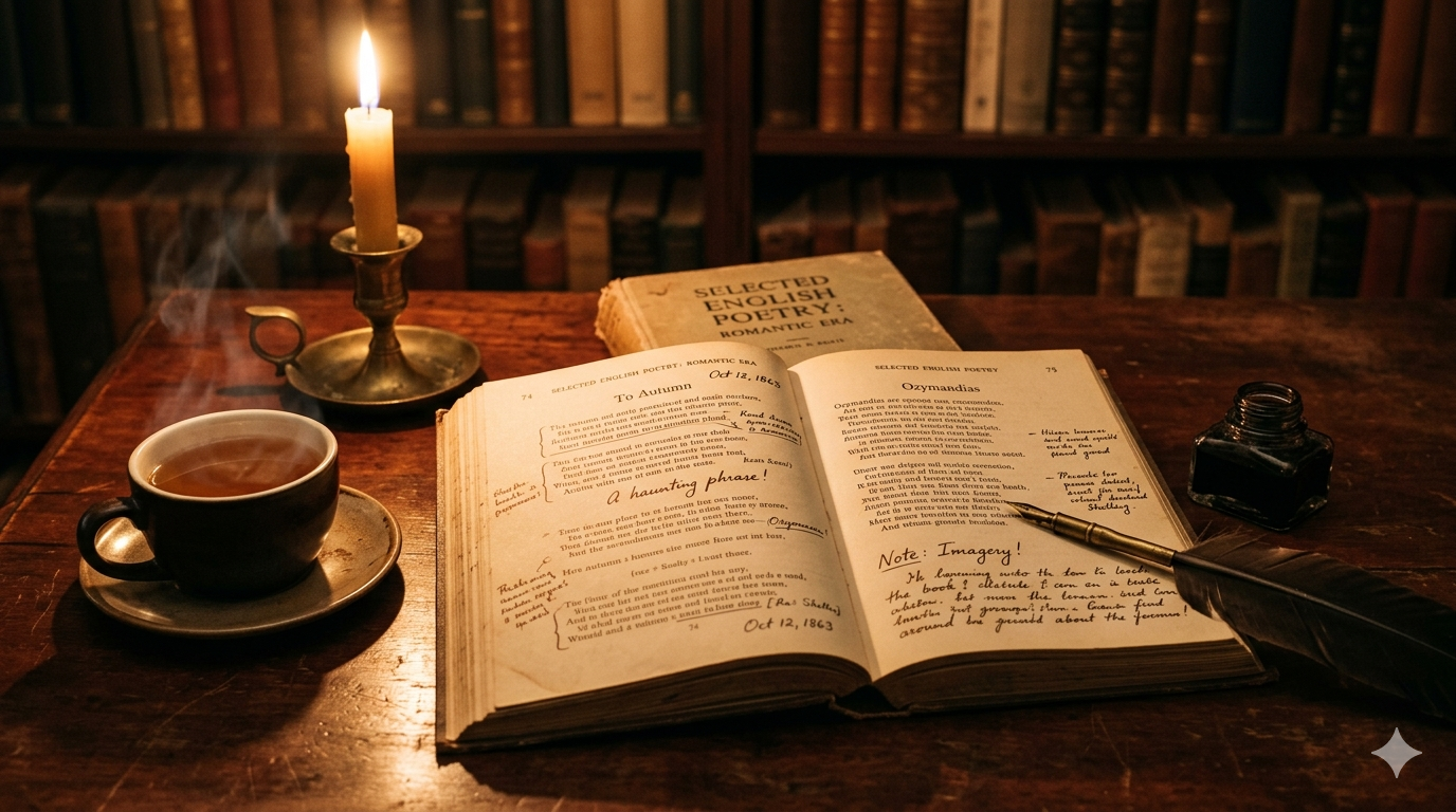 An open vintage book of Russian poetry with handwritten annotations lies on a mahogany desk beside a steaming cup of tea, a quill pen resting on yellowed pages, soft candlelight casting long shadows, a blurred bookshelf in the background, editorial cinematic 35mm film photography, warm amber and sepia tones