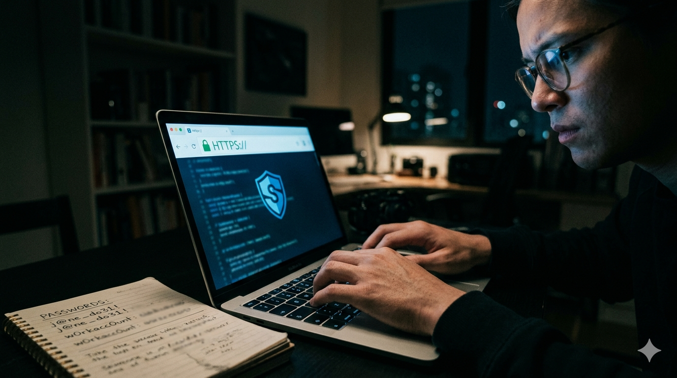 A teenager's hands typing on a laptop at night, the screen casting a cool blue glow on their face, a padlock icon and shield symbol visible on the monitor, a notebook with password notes beside the keyboard, shallow depth of field, editorial cinematic 35mm film photography, dark moody tones with blue and teal highlights