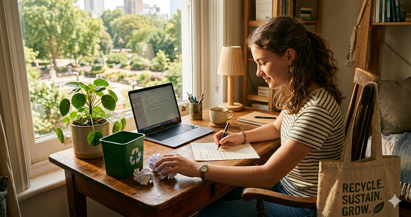 A teenage student sits at a sunlit wooden desk writing a letter, a green recycling bin and a small potted plant beside the laptop, crumpled paper being sorted into recycling, warm natural light streaming through a window, editorial cinematic 35mm film photography, earthy tones with pops of green