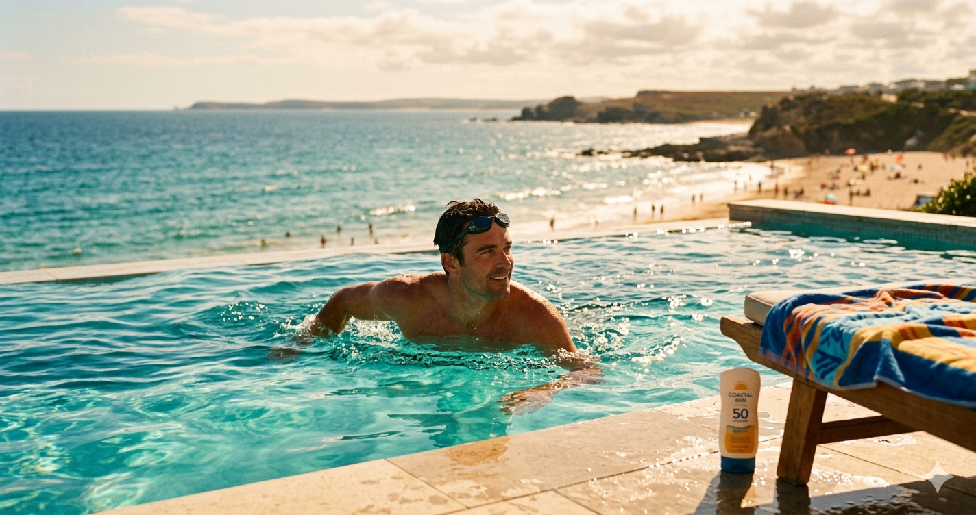 A teenager swims in a clear turquoise outdoor pool near the seaside, goggles pushed up on forehead, a sandy beach and sparkling ocean visible in the background, golden afternoon sunlight reflecting off the water, a towel and sunscreen on a poolside chair, editorial cinematic 35mm film photography, warm coastal tones of blue aqua and sandy gold