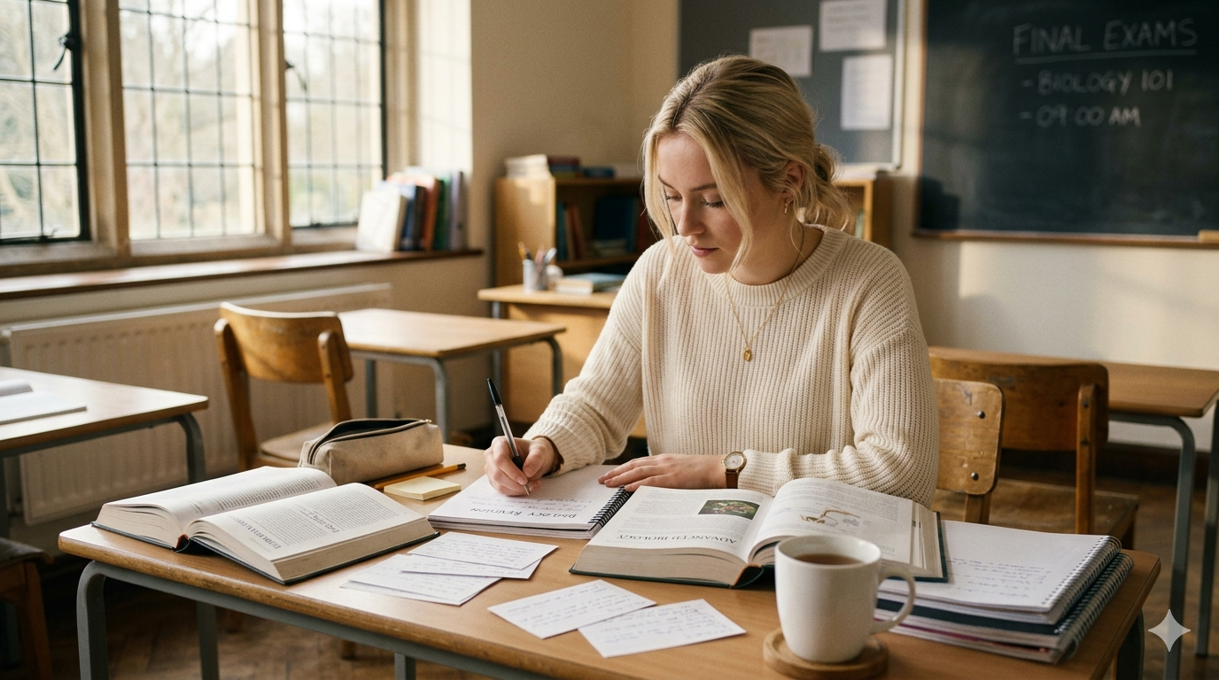 A teenage student sits at a tidy school desk surrounded by open textbooks and revision notes, holding a pen and looking focused before a final exam, soft morning light from a classroom window, a wall calendar showing exam dates, editorial cinematic 35mm film photography, warm neutral tones, shallow depth of field