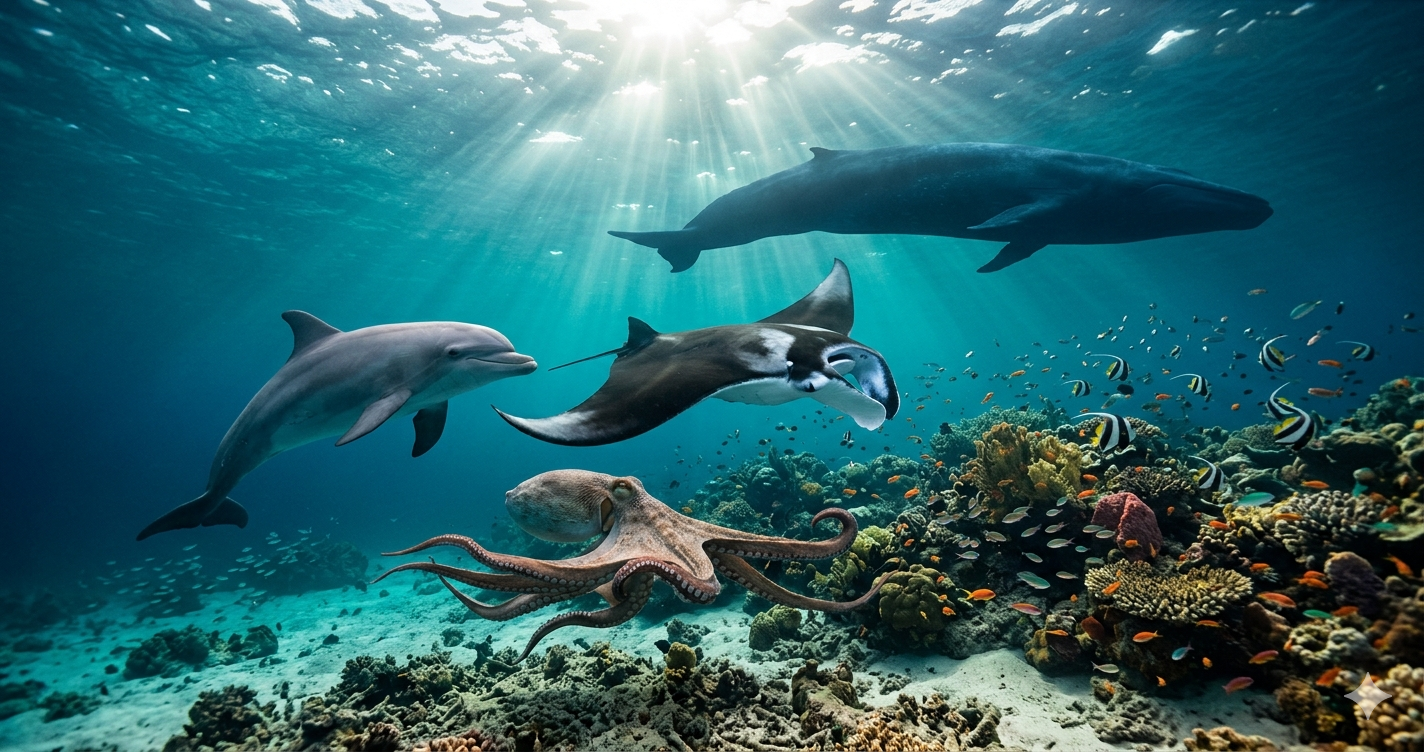A breathtaking underwater scene: a dolphin, octopus, blue whale and manta ray swimming together in sunlit tropical ocean water, dramatic rays of light piercing the surface, coral reef in the background, cinematic wide-angle underwater photography, vivid teal and deep blue tones
