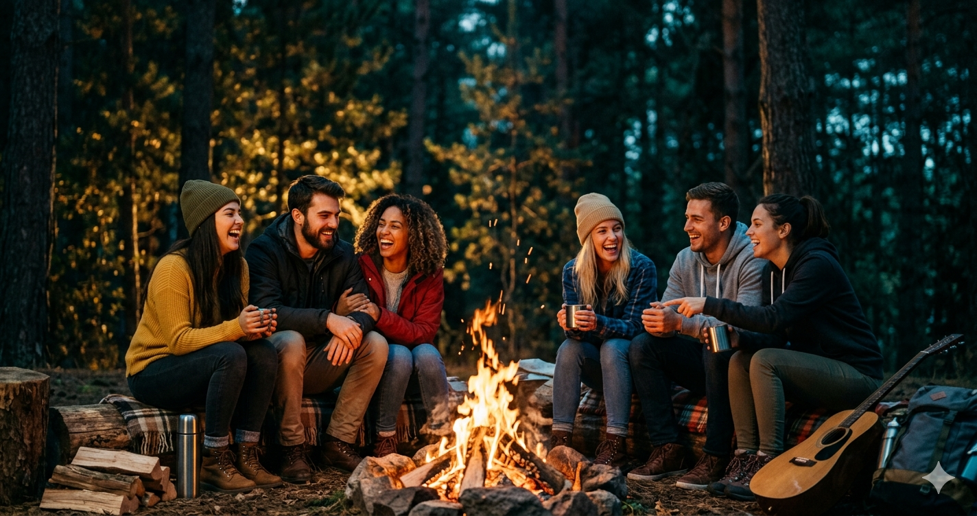 Cinematic editorial photograph of a campsite at dusk — a glowing tent beside a crackling fire in a misty pine forest, warm amber and cool blue light contrast, wide-angle lens, stars emerging in the sky, serene and adventurous atmosphere