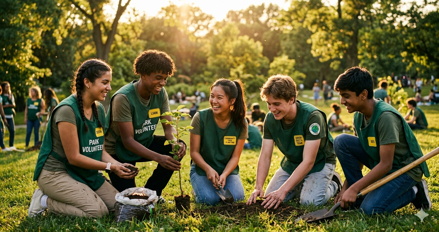 Cinematic editorial photograph of young volunteers working together outdoors — planting trees in a park, warm golden-hour sunlight, diverse group of teenagers in matching green volunteer vests, wide-angle lens with soft bokeh background, hopeful and community-driven atmosphere
