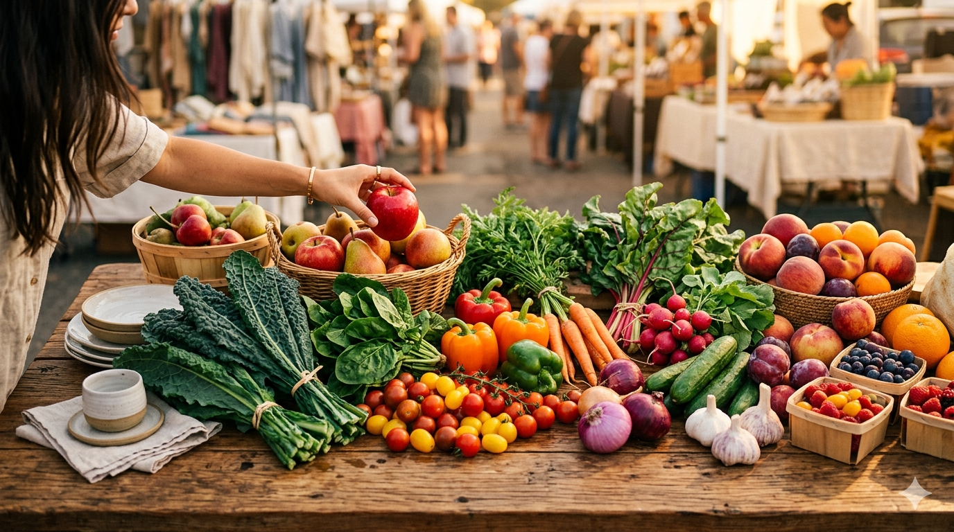 Cinematic editorial photograph of a vibrant fresh food market at golden hour — colourful vegetables, fruits and greens arranged on a sunlit wooden table, a young person in the background choosing produce, warm bokeh depth-of-field, soft natural lighting with a shallow editorial focus, inviting and health-conscious atmosphere