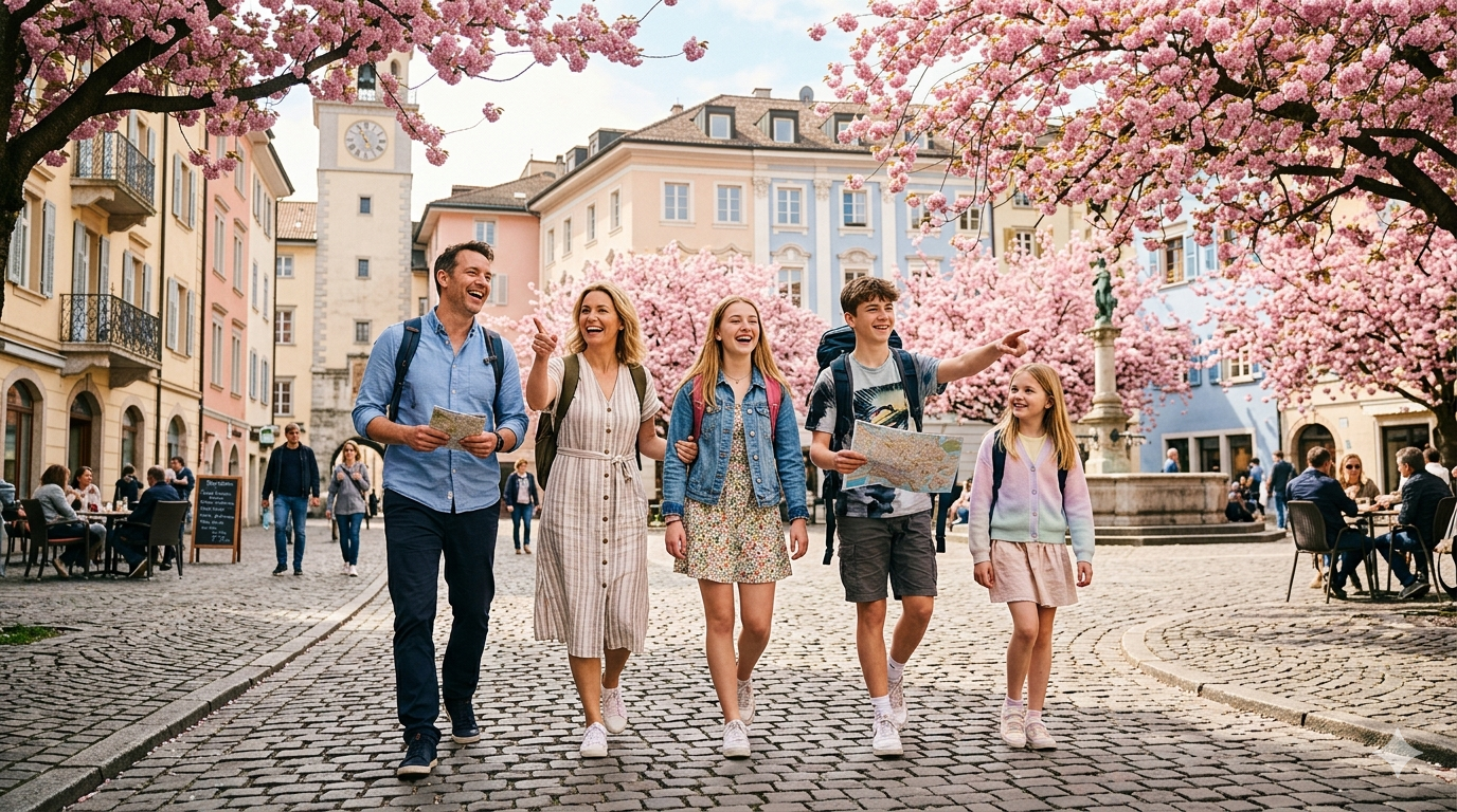 Cinematic editorial photograph of teenagers enjoying spring break outdoors — a warm golden-hour scene with a group of friends laughing on a road trip, suitcases by a vintage car, sunlit countryside stretching behind them, soft lens flare, wide-angle composition, vibrant spring colours, sense of freedom and adventure
