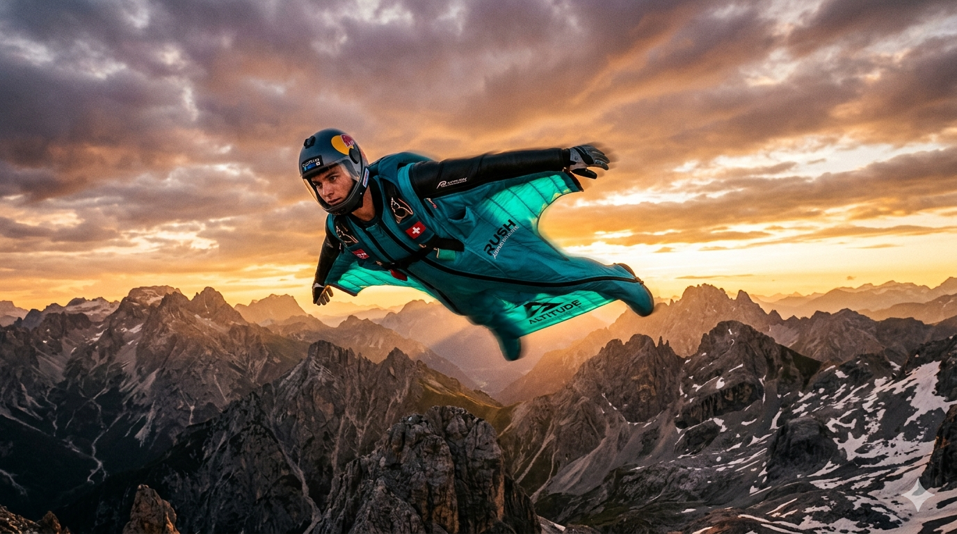 Cinematic editorial photograph of a young athlete performing an extreme sport — skydiving or base jumping — against a vast mountain landscape at golden hour, dramatic rim lighting, sense of freedom and adrenaline, wide-angle cinematic lens, vivid teal and amber tones