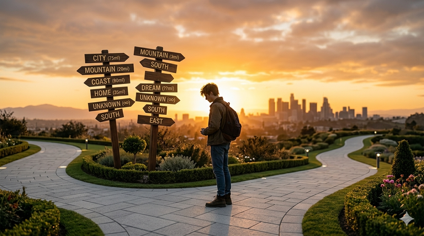 Cinematic editorial photograph of a young person standing at a crossroads under warm golden-hour light, silhouetted against a glowing horizon with distant city skyline, multiple signposts pointing different directions symbolising career choices, shallow depth of field, dramatic chiaroscuro lighting, contemplative atmosphere