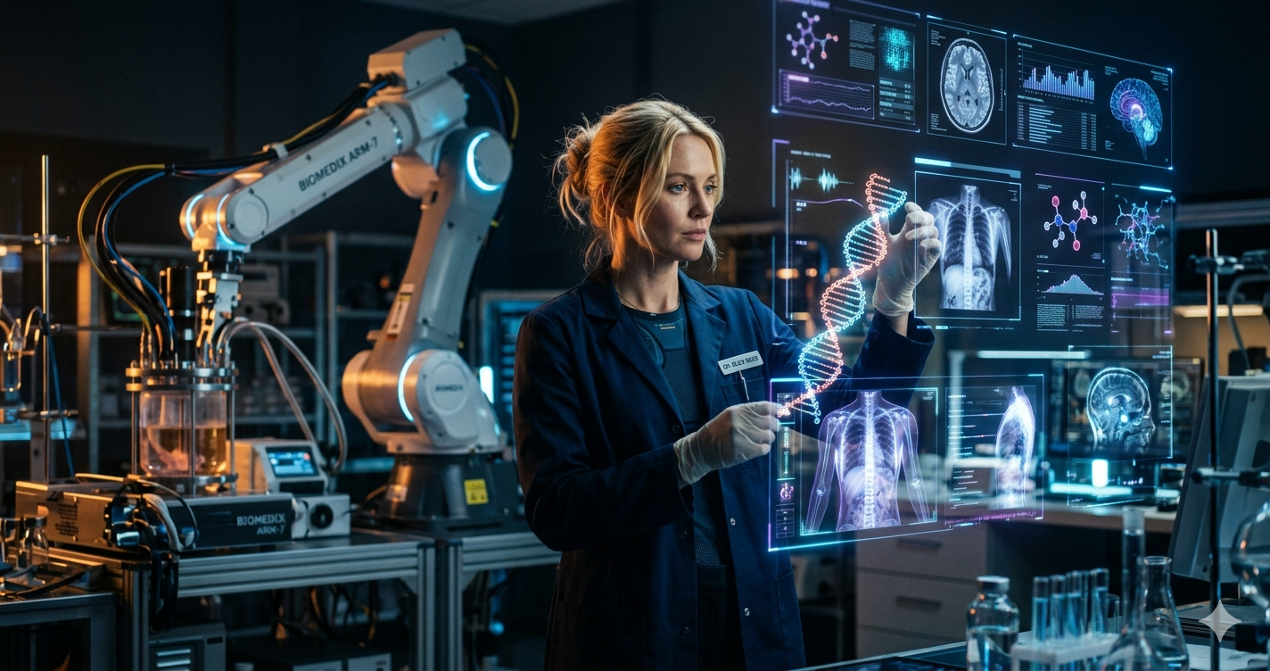 Cinematic editorial photograph of a teenager in a futuristic laboratory surrounded by glowing holographic screens, DNA helixes, and robotic arms, dramatic blue and warm amber rim lighting, wide-angle lens, science and technology atmosphere