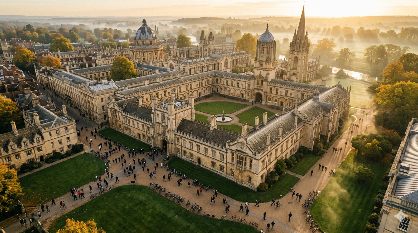 Aerial editorial cinematic view of a prestigious university campus with classical architecture, green courtyards and students walking at golden hour