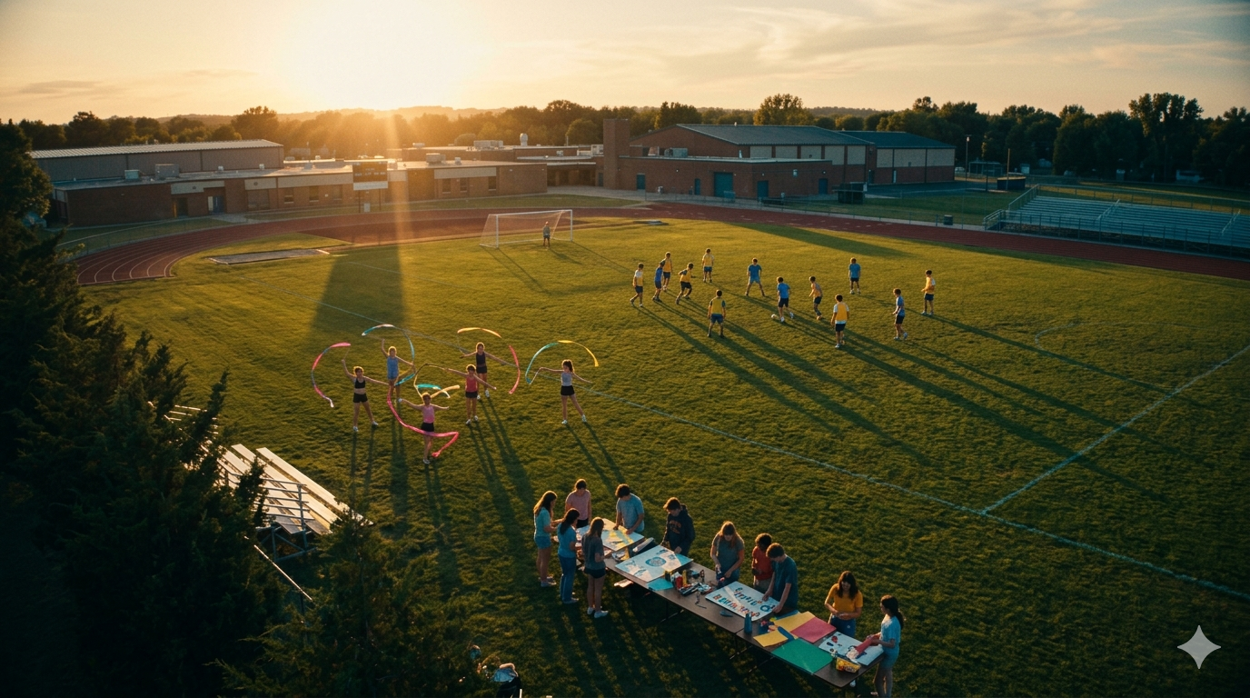 Editorial cinematic aerial view of teenagers engaged in sports and creative extracurricular activities on a sunlit school campus at golden hour