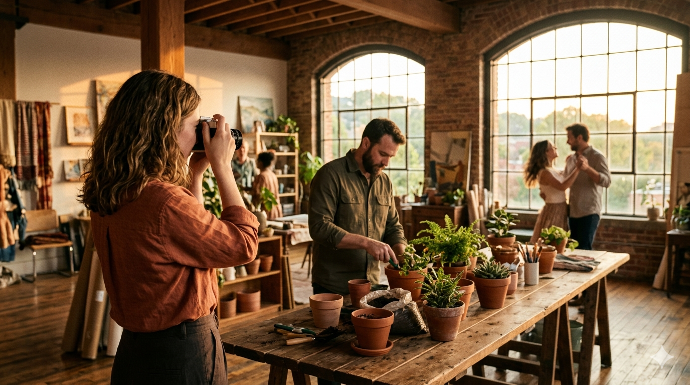 Editorial cinematic wide-angle shot of people engaged in creative hobbies — photography, dancing, gardening and pottery — bathed in warm golden-hour light in a vibrant community studio
