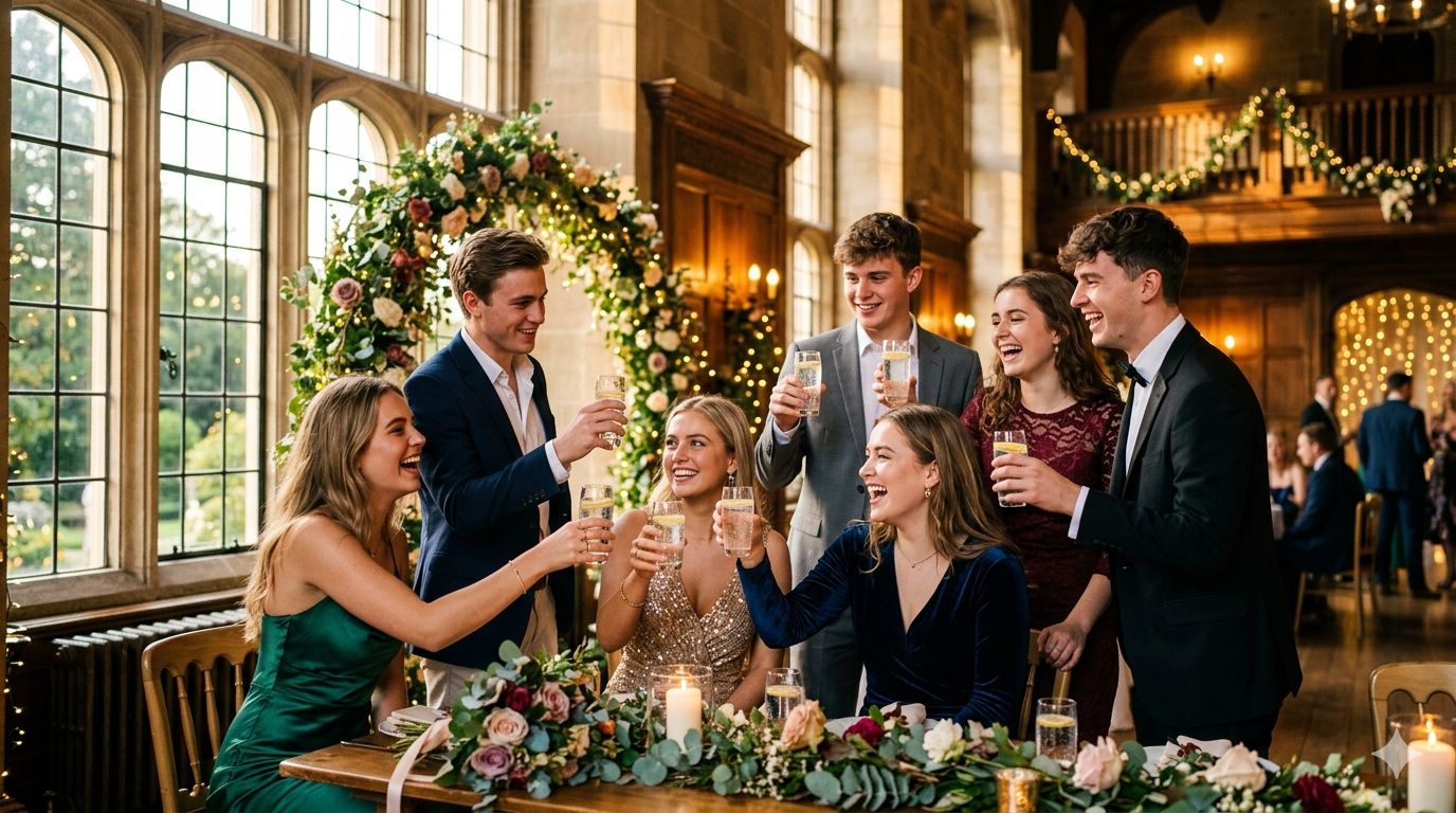 Editorial cinematic scene of young people celebrating coming of age — joyful group at a festive party with warm golden lights, confetti and elegant decorations