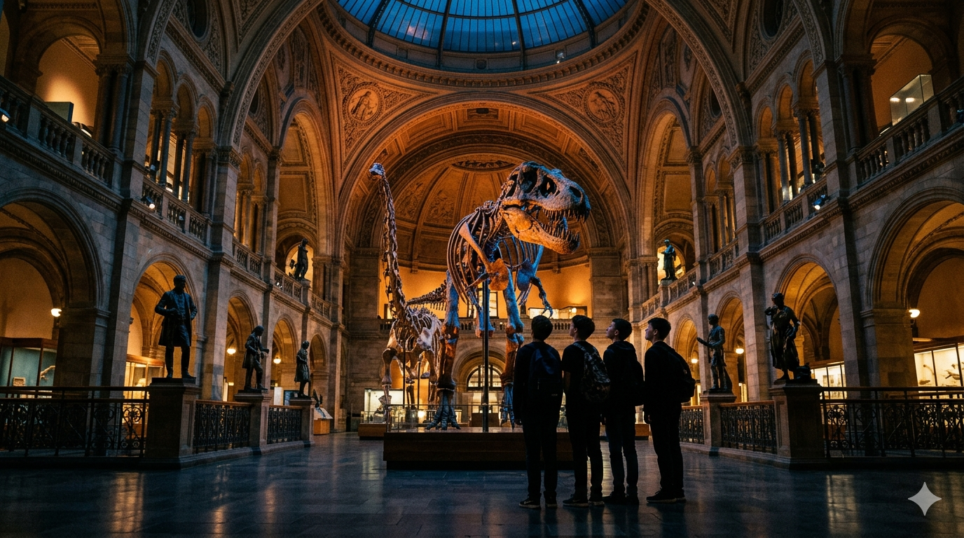 Editorial cinematic wide shot of a grand museum interior with soaring arched ceilings, dramatic spotlights illuminating exhibits, and teenagers exploring galleries at dusk