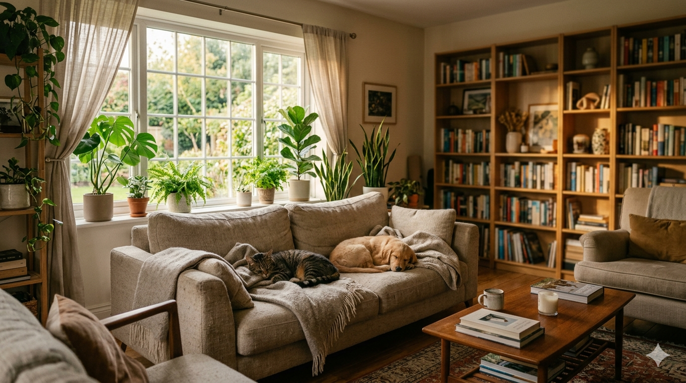Editorial cinematic wide-angle photograph of a cosy living room bathed in warm afternoon light, featuring a contented cat and a playful dog resting together on a plush sofa, surrounded by lush indoor plants and bookshelves