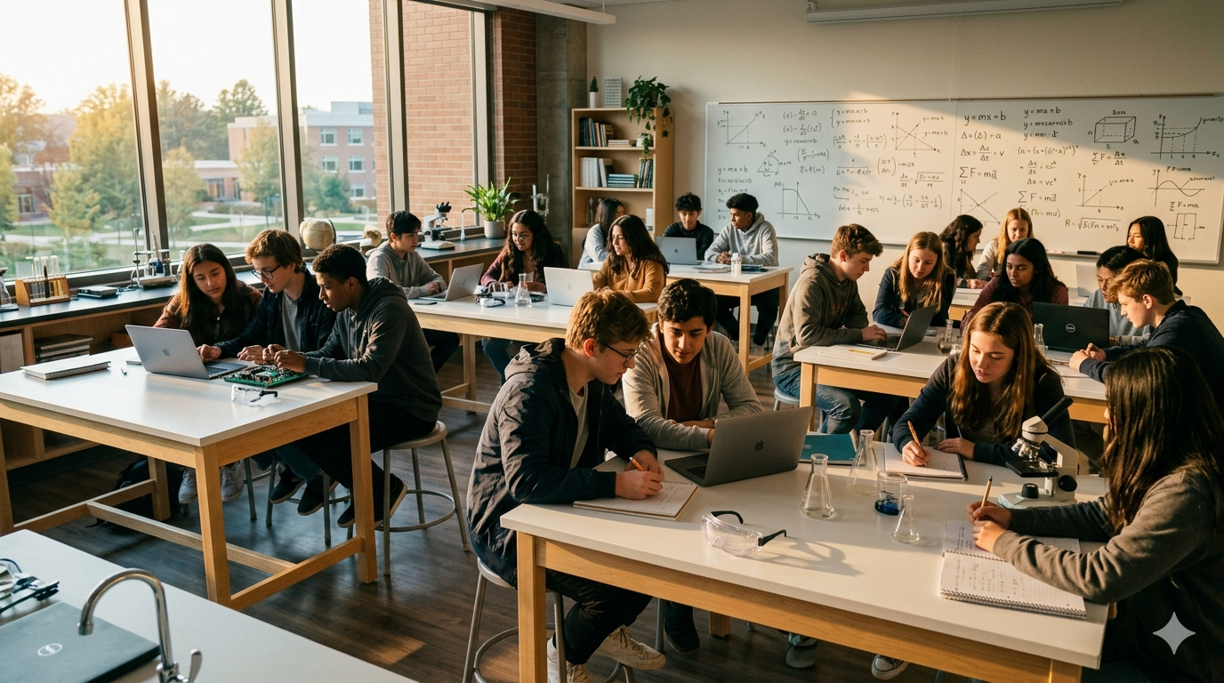 Editorial cinematic wide shot of engaged teenagers in a bright modern classroom, surrounded by technology screens and science equipment, bathed in warm golden-hour light streaming through tall windows