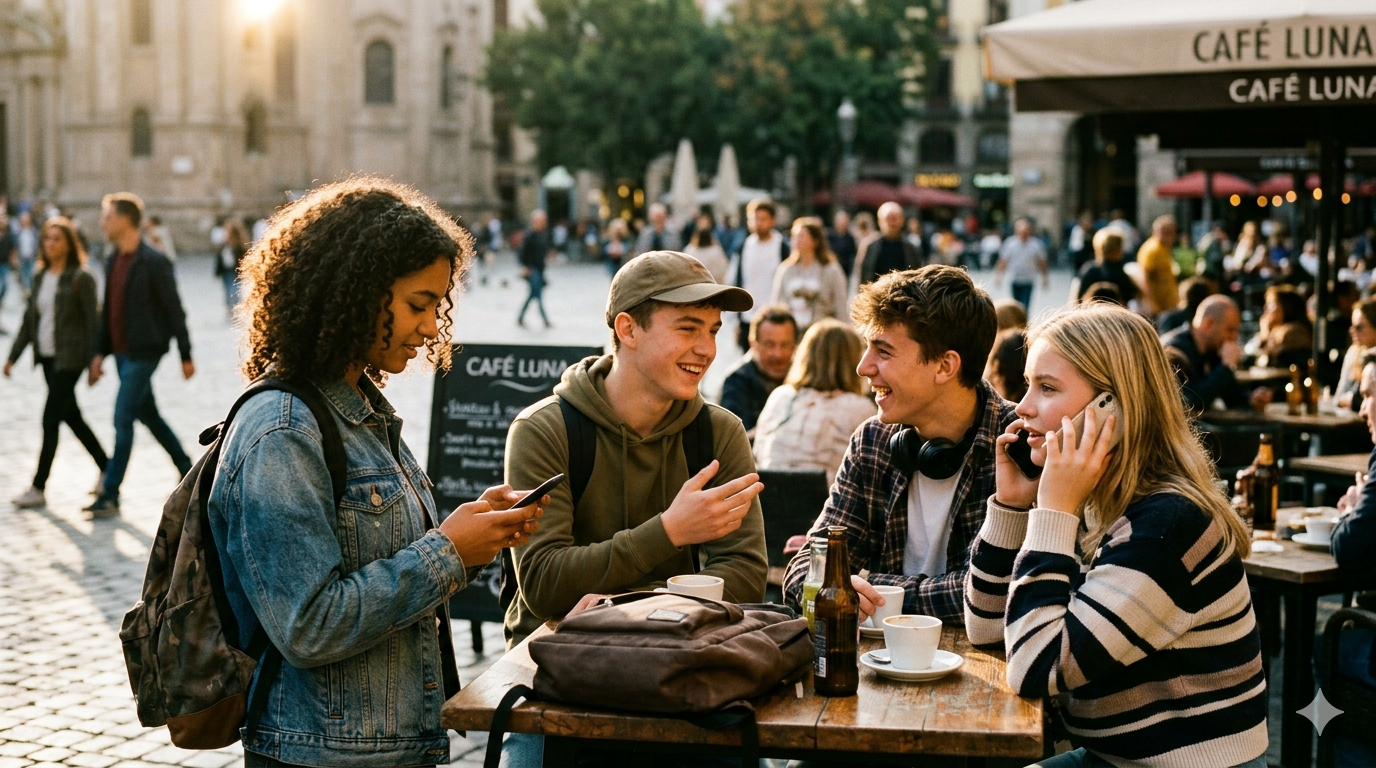 Editorial cinematic photograph of teenagers engaged in various modes of communication — texting on smartphones, talking face to face and speaking on the phone — bathed in warm golden-hour light in an urban setting