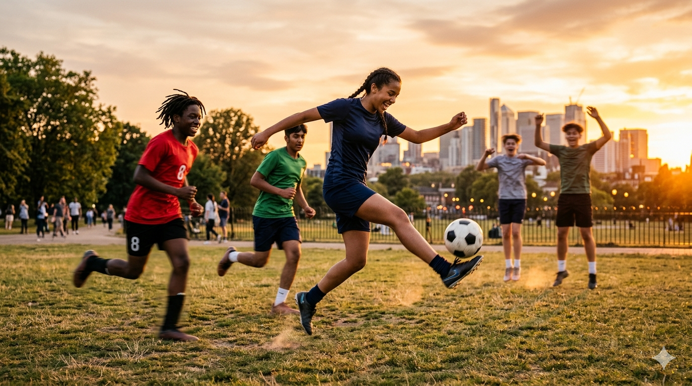 Editorial cinematic wide-angle photograph of diverse teenagers playing sports outdoors at golden hour, dynamic motion, running and jumping in a vibrant urban park, warm sunset light, motivational atmosphere