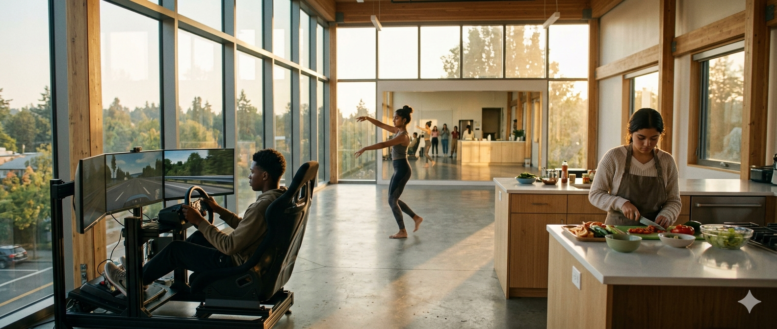 Editorial cinematic wide-angle photograph of diverse Zetland teenagers practising new skills — one at a driving simulator, one dancing, one cooking — bathed in warm golden-hour light with shallow depth of field and film grain