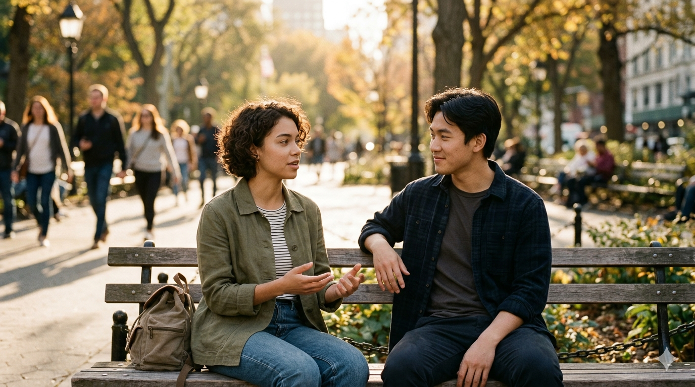 Editorial cinematic shot of two young people talking calmly outdoors, resolving a disagreement — warm golden hour light, shallow depth of field, photojournalistic style