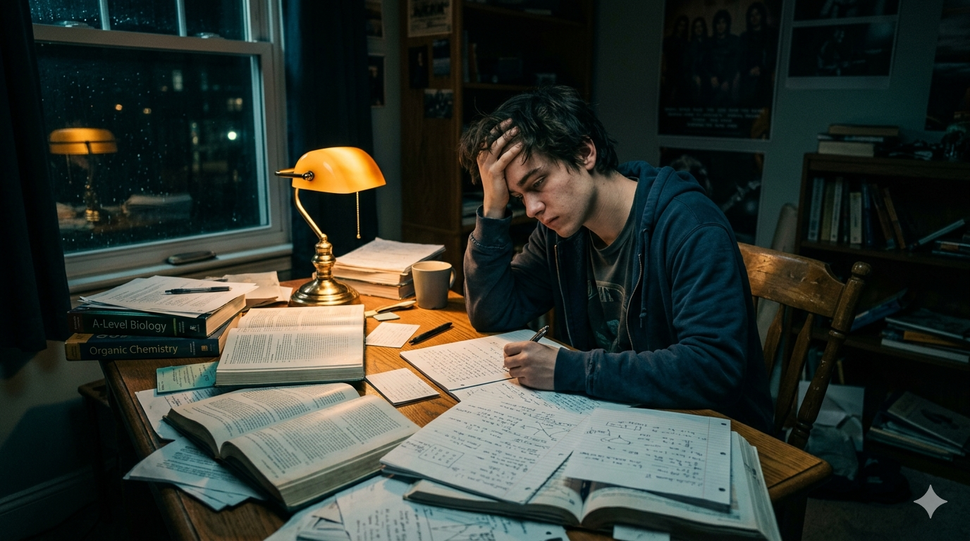 Editorial cinematic wide-angle shot of a young student sitting alone at a desk late at night, surrounded by scattered textbooks and glowing lamp light, overwhelmed yet focused, shallow depth of field, moody atmospheric tones
