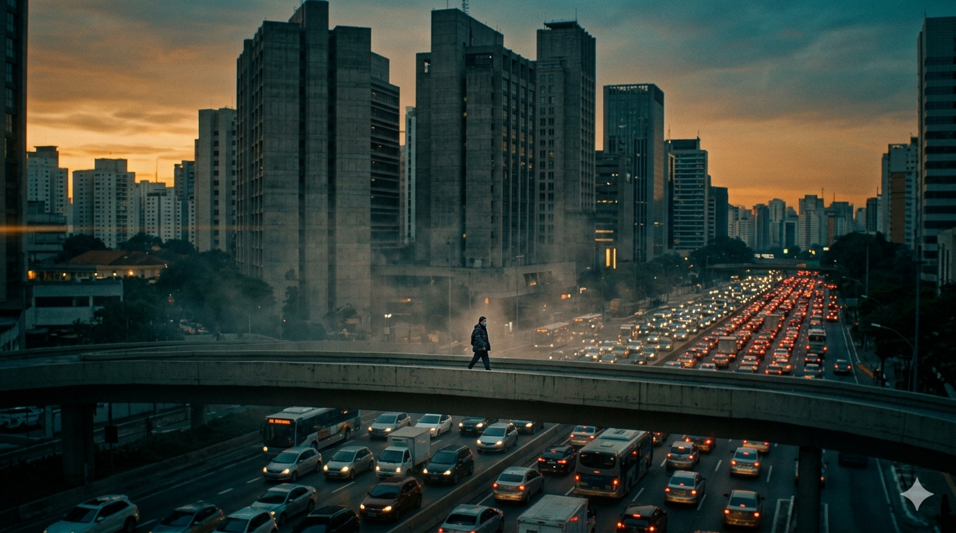 Editorial cinematic aerial view of a congested urban megacity at dusk — gridlocked traffic, smog-hazy skyline and a solitary pedestrian navigating a crowded pavement, shot on anamorphic lens with teal-and-orange colour grade