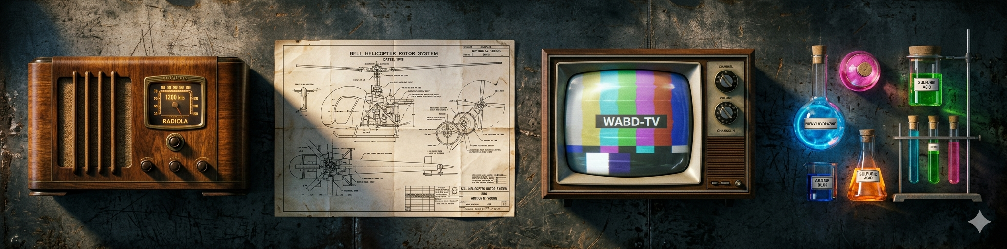Editorial cinematic flat lay of iconic Russian inventions — vintage radio receiver, helicopter blueprint, television set and laboratory glassware on dark industrial background with dramatic side lighting
