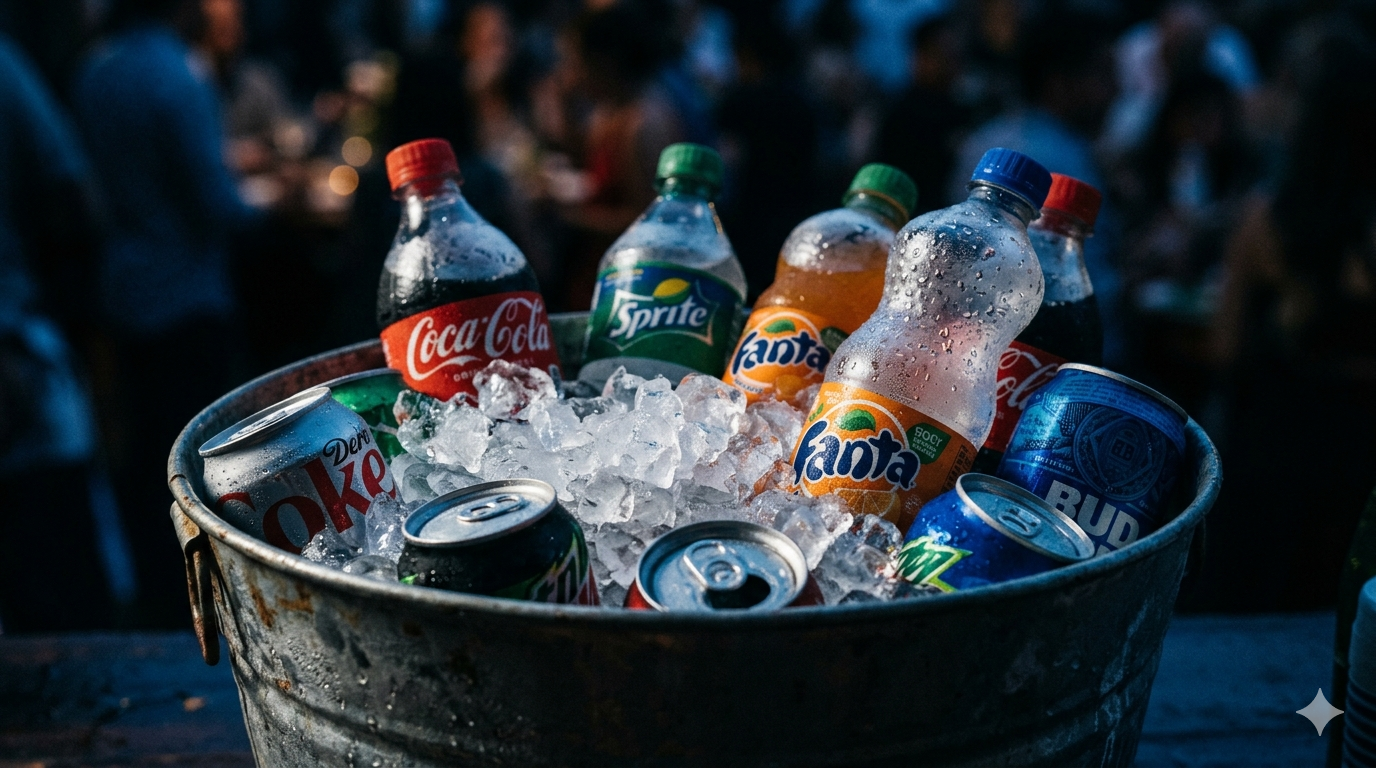 Carbonated soft drinks in plastic bottles lying in crushed ice